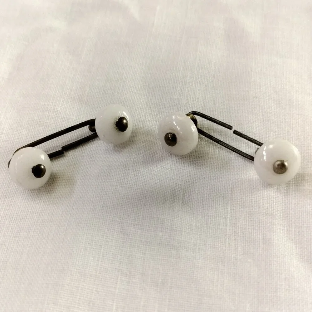4/$20 Vintage Antique White Glass Bar Cufflinks Round Domed Simple Linked Button